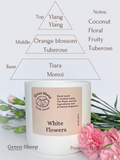 Wooden Wick Candle in a White Ceramic Jar - White Flowers