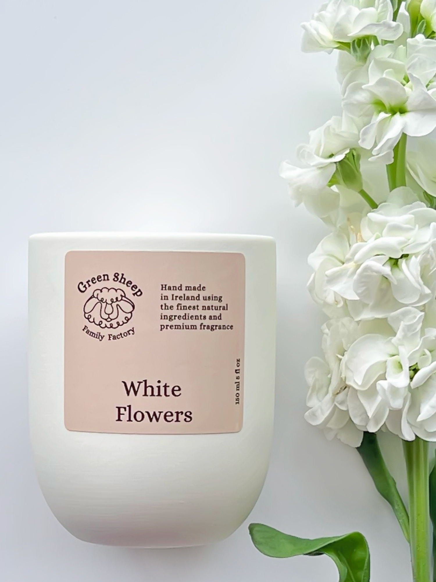 Cotton Wick Candle in a White Ceramic Jar - White Flowers